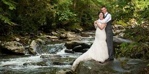 wedding couple posed along a smoky mountain stream