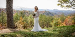 bride with the smoky mountains in the fall in the background